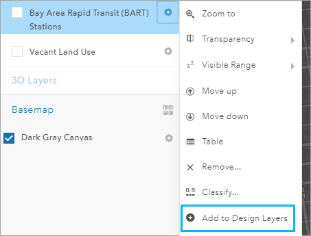 Option de menu Add to Design Layers (Ajouter aux couches de conception)