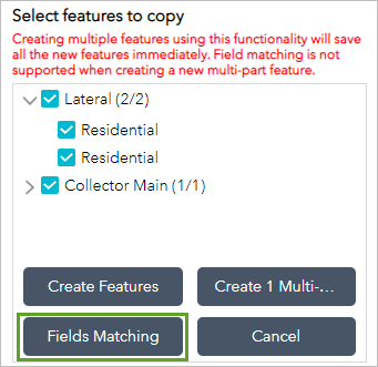 Fenêtre Sélectionner les entités à copier avec le bouton Appariement de champ